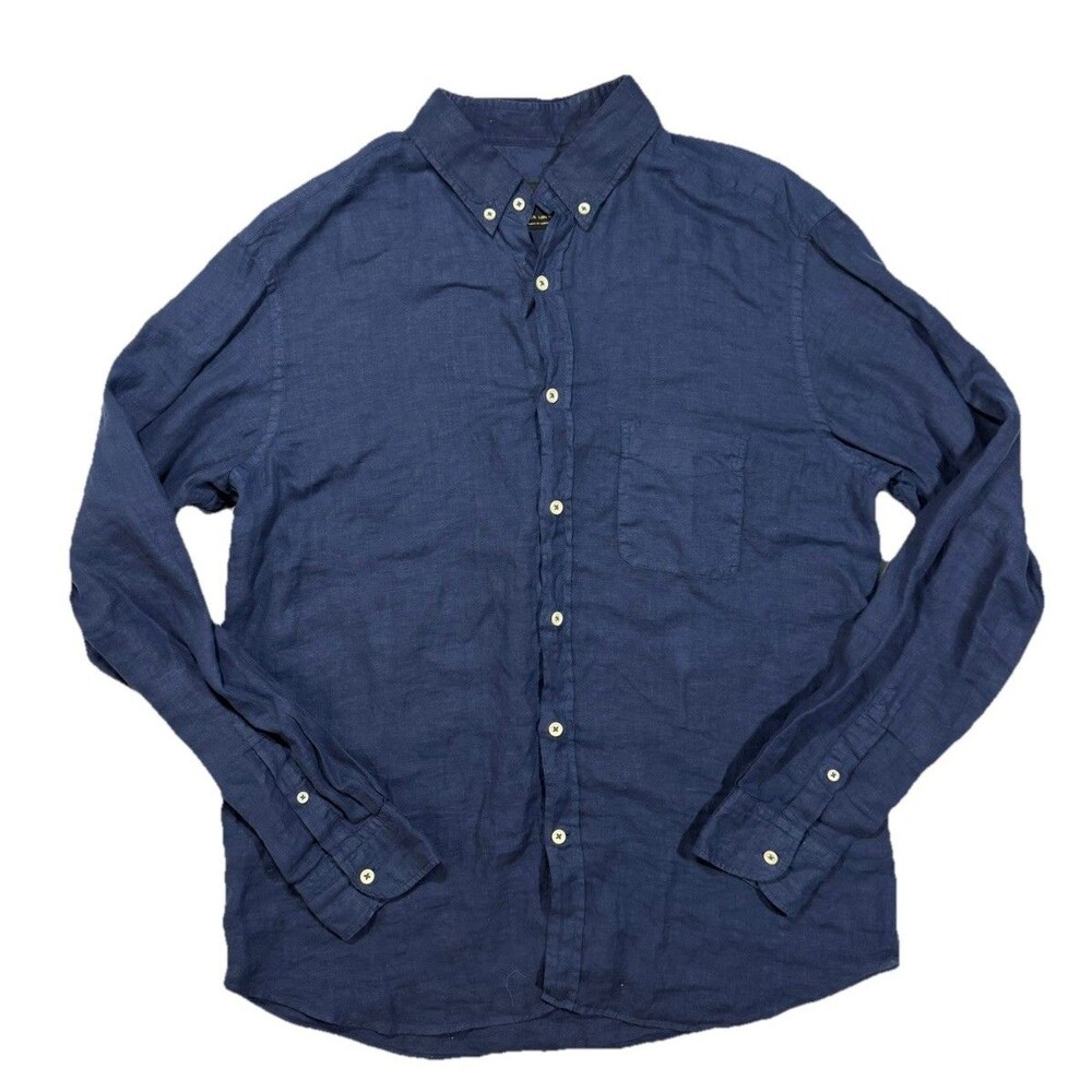 Massimo Dutti Shirt Mens XL Navy Blue Long Sleeve 100% Linen